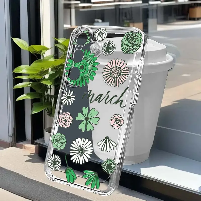 Green Flower Pattern Phone Case For Samsung Galaxy A73 A72 A71 A55 A54 A53 A52 A51 A33 A25 A22 A15 A14 A05 TPU Transparent