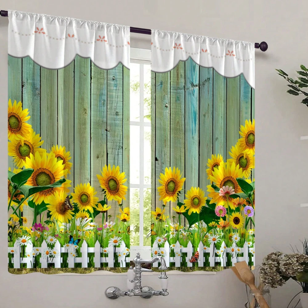 2pcs Modern Simple Rustic Sunflower Flower Print Home Living Room Kitchen Curtains Suitable for Cafe Bathroom Sunshade Cloth