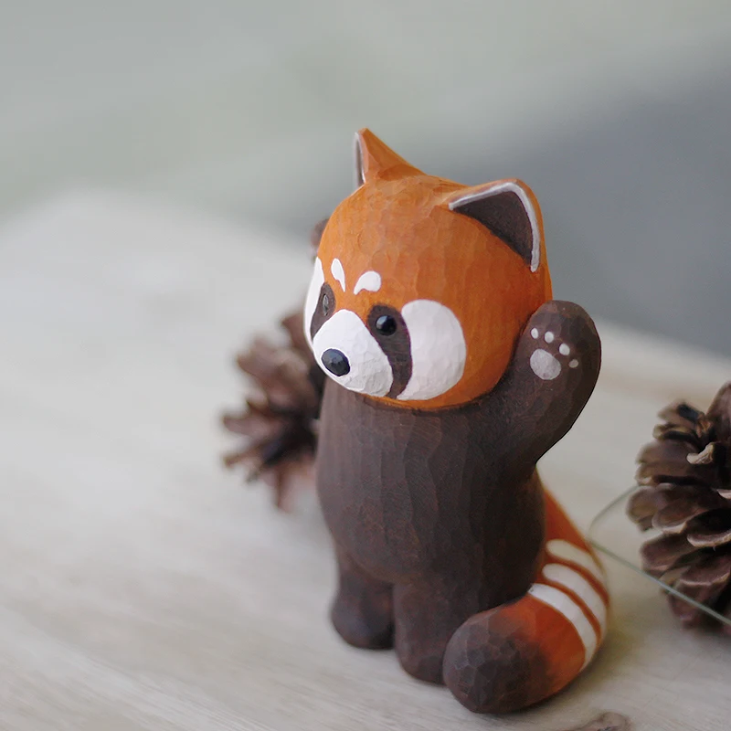Cute Home Decor Red Panda Handmade Wood Carving Ornaments Solid Wood Animal Wood Sculpture Desk Accessories Kawaii Figurine