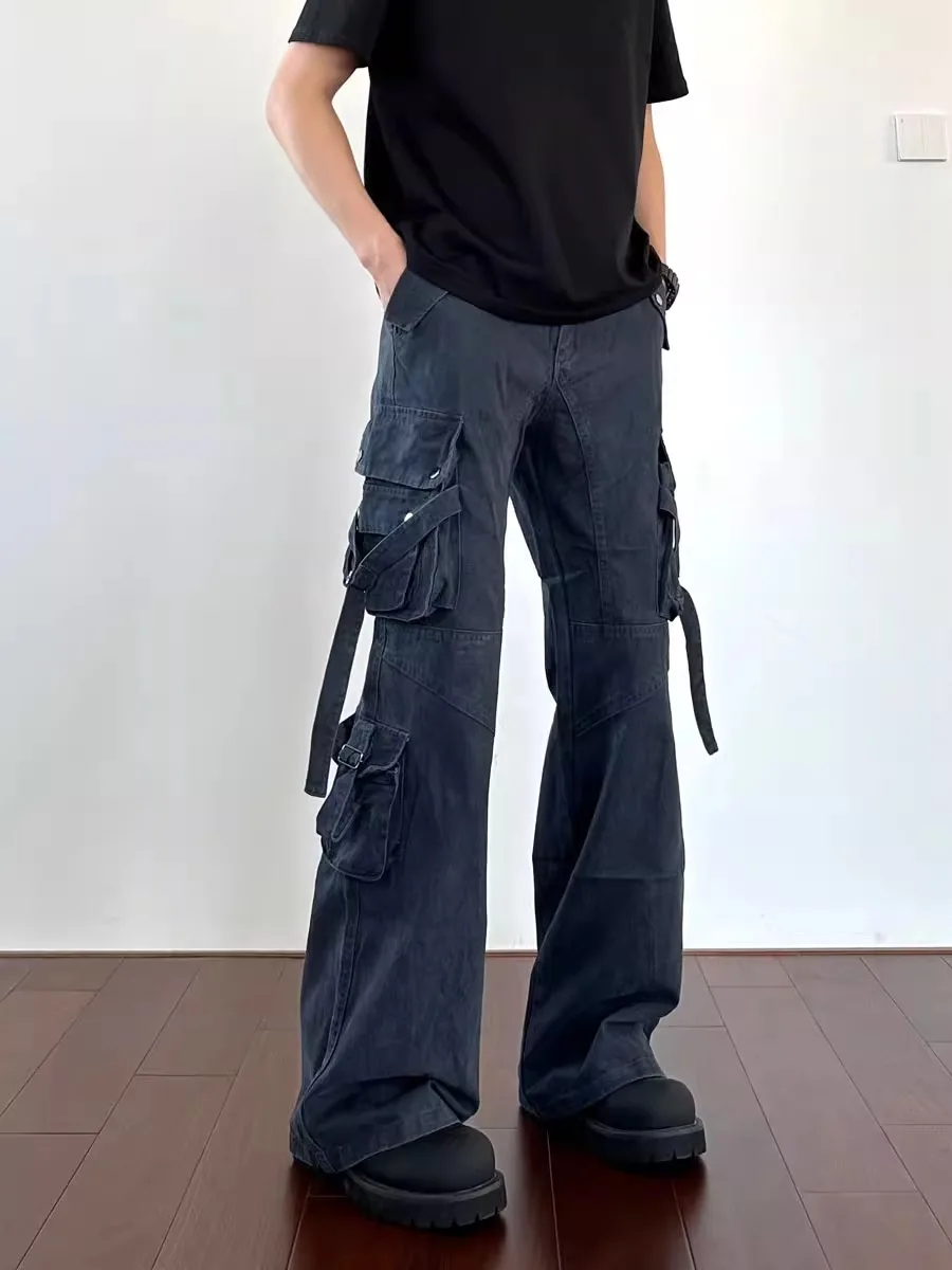

American Retro Workwear Pants Straight Leg Multi-ket Casual Loose Fit Pure Color Belted Deconstructed Long Trousers