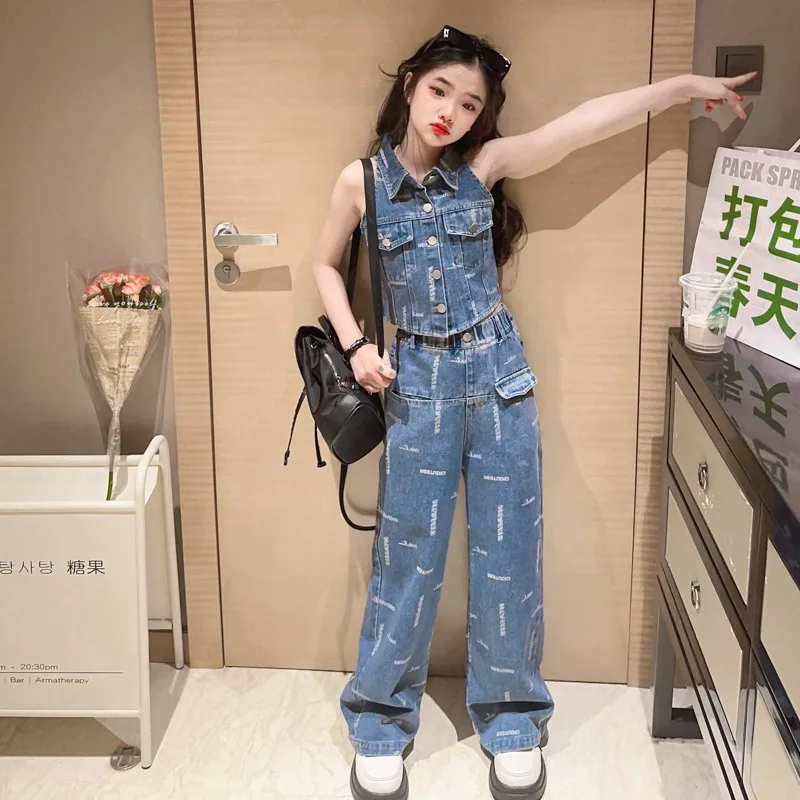 

Teenage Girls Clothes Set Summer Kids Vintage Halter Top+High Waist Wide Leg Jeans Pants 2pcs Girl Outfits Denim Suit 4- 15Years