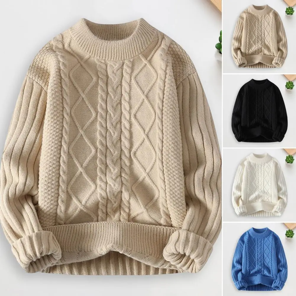 

Men Sweater Cozy Men's Winter Sweater Thick Knit Soft Round Neck Anti-pilling Resistant Stylish Solid Color Twisted Elastic Tops