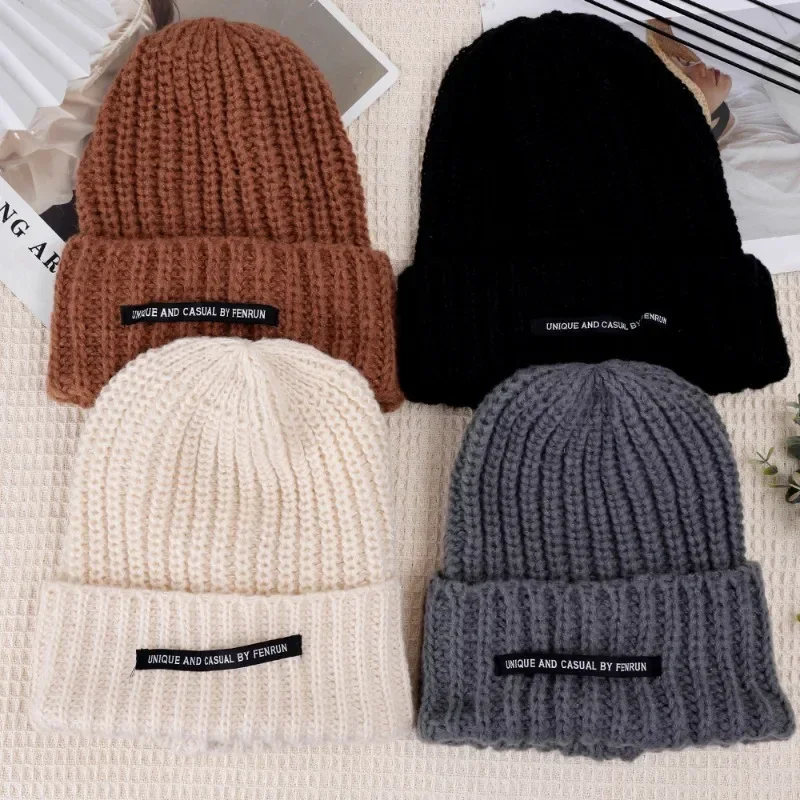 Fashion Knitted Hats Autumn Winter Creative Letters Embroider Warm Solid Color Hat Soft Woolen Crochet Cold Cap for Women Men