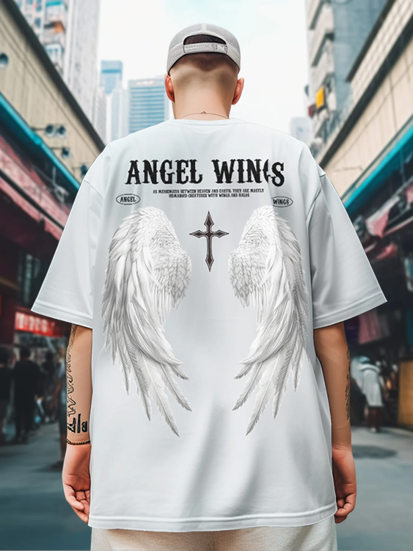 Summer white ink direct spray Angel Wings printed pure cotton round neck short-sleeved T-shirt fashion fashion brand casual top