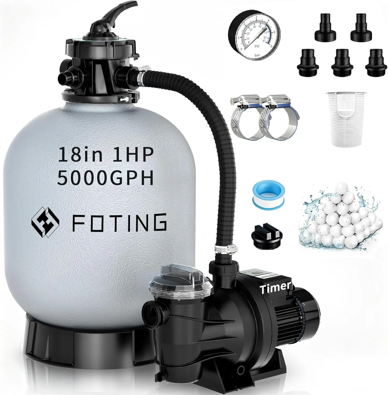 2026New Sand Filter Pump with Timer for Above Ground Pool, Pool Pumps Above Ground with 6-Way Valve, Pool Sand Filter for Efficient Circulation & Filtration