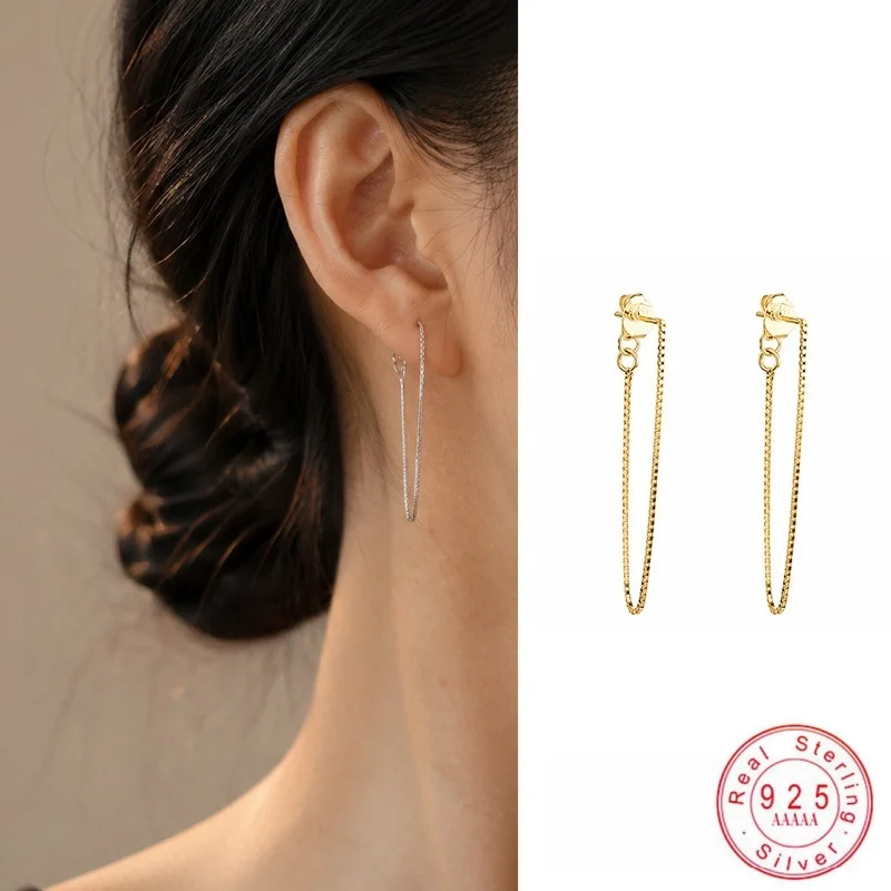 925 Sterling Silver Long Chain Threader Earrings for Women, Minimalist Thin Box Chain Pull Through Earring, Simple Fine Jewelry