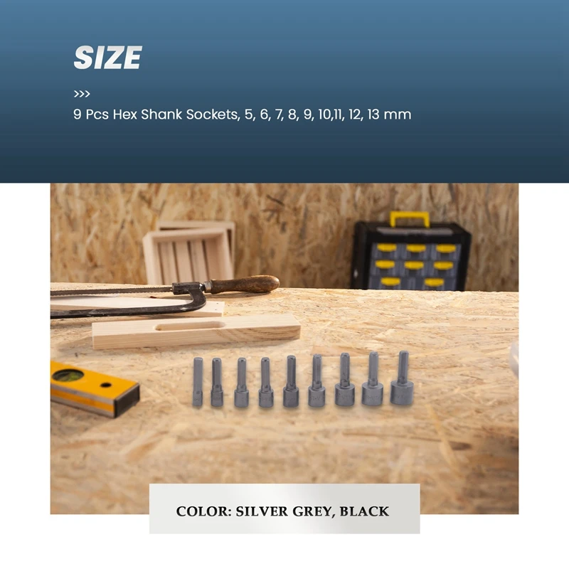 DIY 육각 섕크 소켓 슬리브 노즐 너트 드라이버 비트 세트, 목공 전동 공구용 드릴 비트 어댑터, 5mm-13mm, 1/4 인치, 9 개/세트
