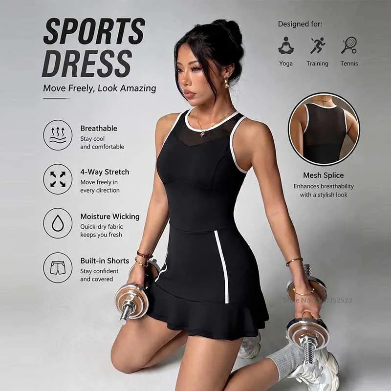 Summer Ruffles Tennis Dresses Women Breathable Splice Slim Skirt with Shorts Ladies Quick Dry Workout Fitness Golf Yoga Dress