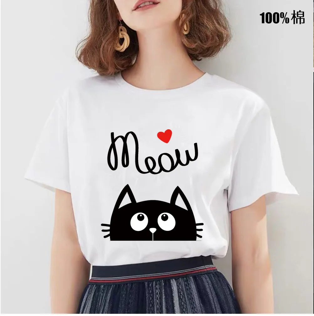 

Meow Cat Print T Shirt Women Short Sleeve O Neck Loose Tshirt Summer Women Tee Shirt Tops Camisetas Mujer