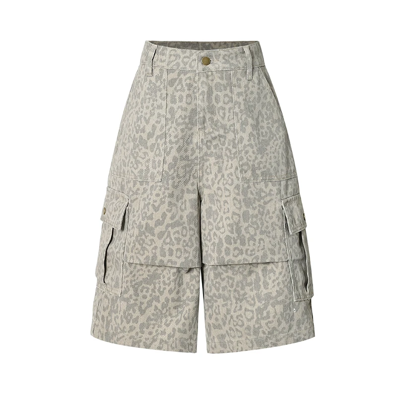2026 Summer New Women Leopard Print Cargo Capri Pants Y2K Hot Girl Loose Multi Pocket Seven Points Denim Shorts