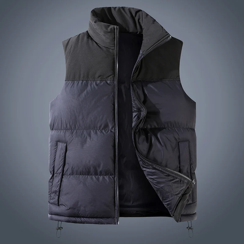 Autumn and Winter Men's High Neck Zipper Pocket Contrast Drawstring Short Sleeve Vest Cardigan Coat Loose Fashion Casual Tops