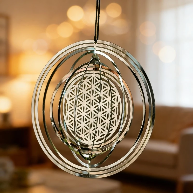 3D Rotating Metal Wind Spinner with Flower of Life Pattern Hanging Wind Chime for Outdoor Garden Patio Yard Home Decor