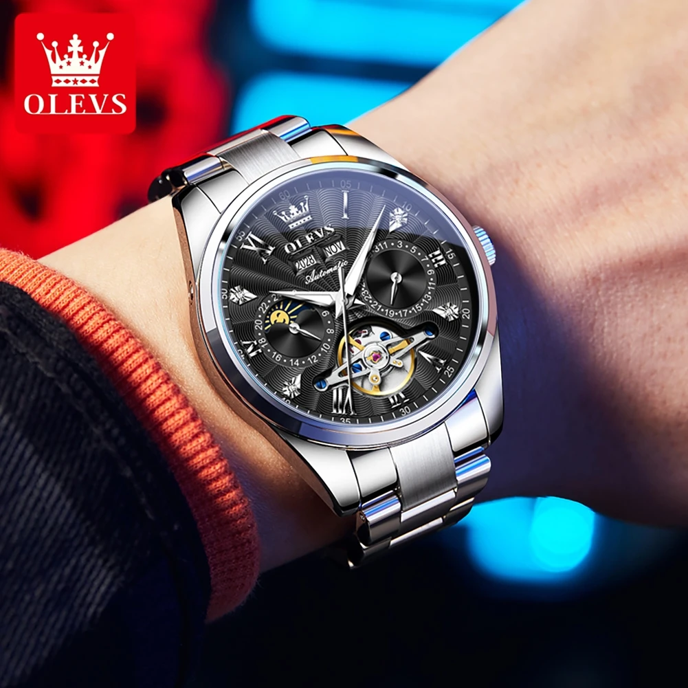 OLEVS 7028 Flywheel Skeleton Automatic Watch for Men Dual Calendar Waterproof Luminous High Quality Stainless steel Wristwatches