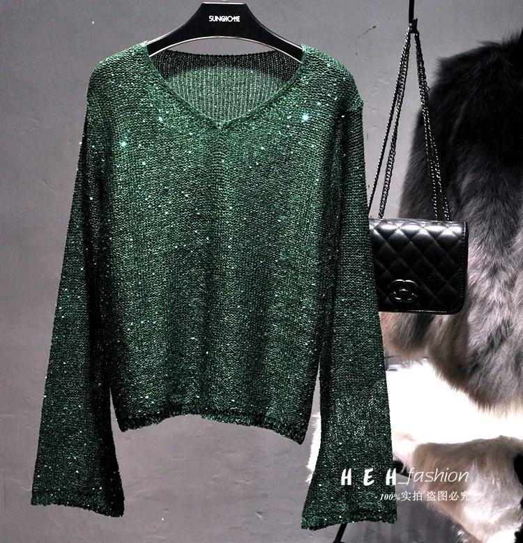 Spring Autumn New Fashion Sparkling Women Knitted Top Sexy Hollow Lady V-neck Trumpet Sleeve Head Sweater