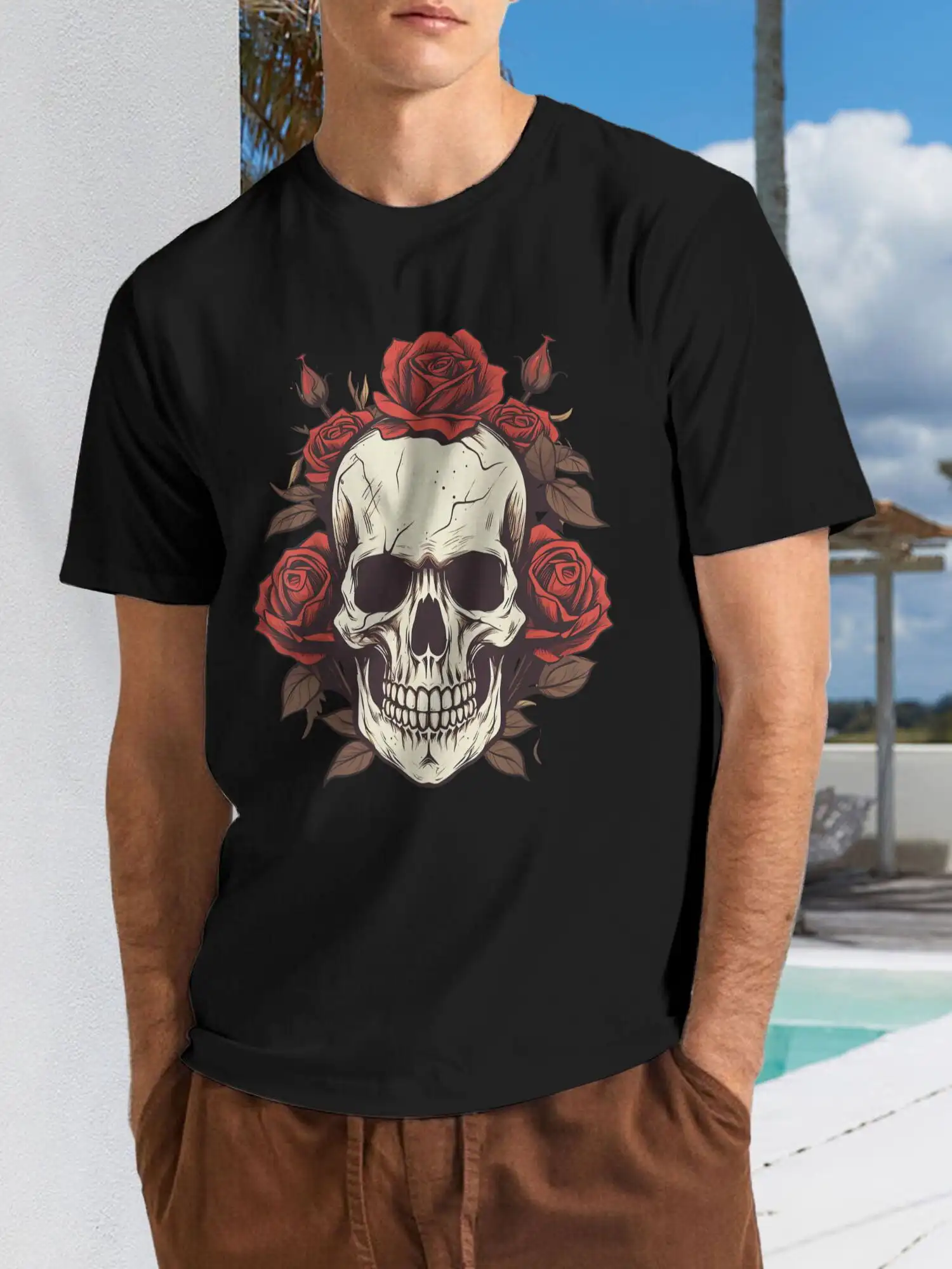 Men's Gothic Floral Skull Rose T-Shirt