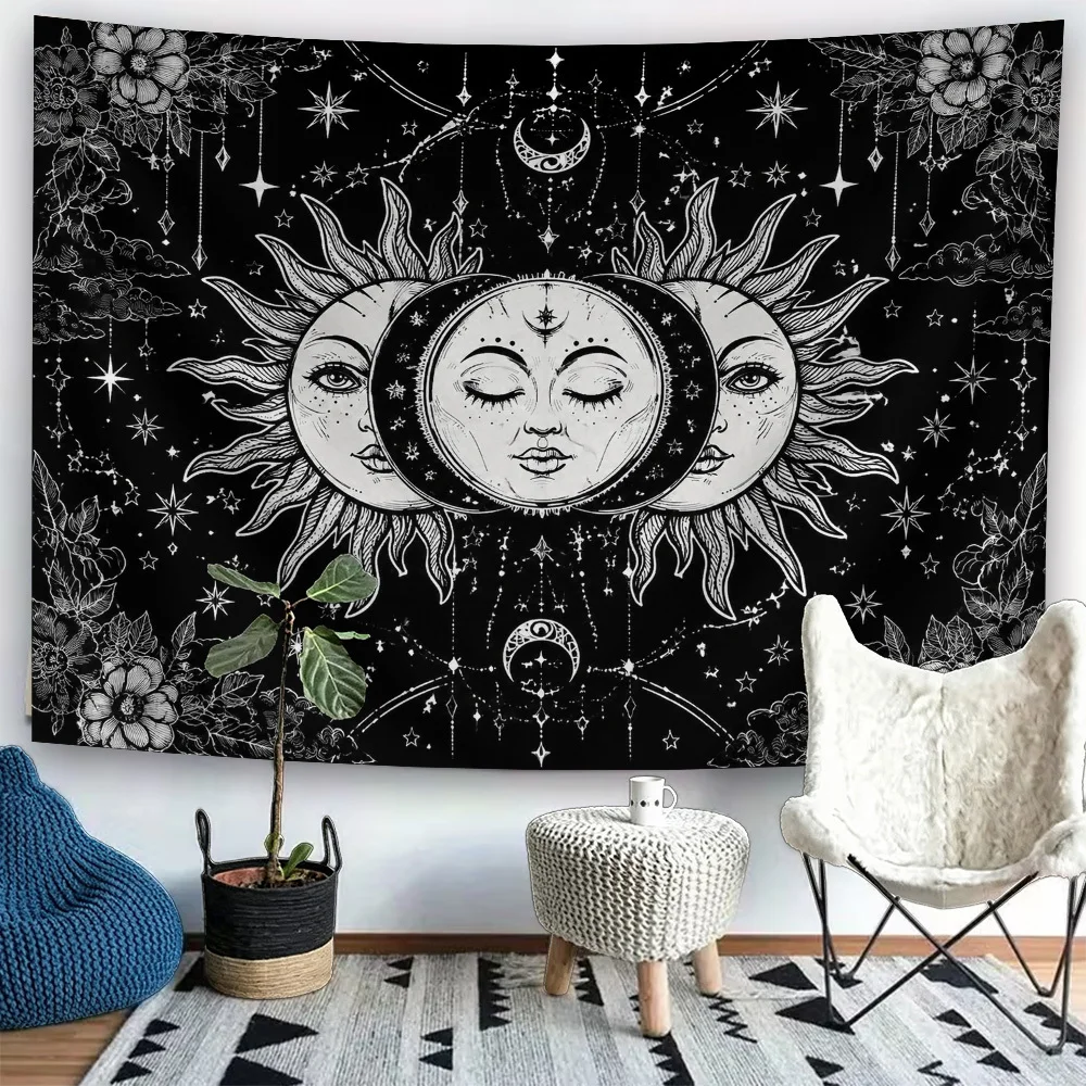 Three Phase Sun Moon Tapestry, Black White Sun Moon Face Floral Star Cloud, Mystic Bohemian Wall Hanging for Bedroom Dorm Decor
