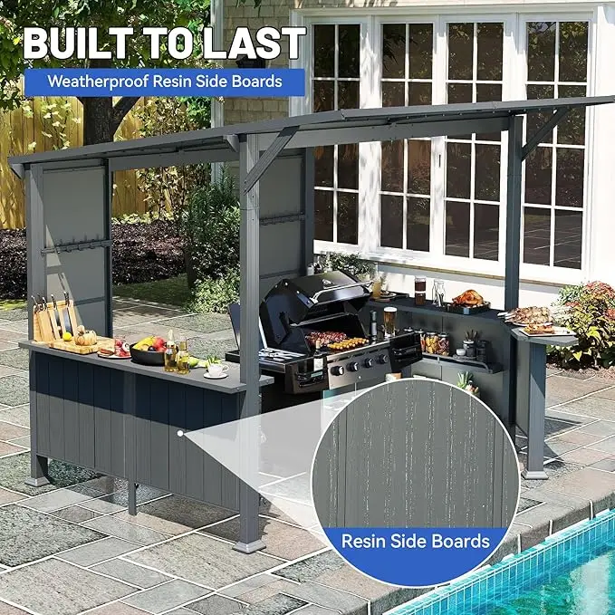 ！@9X10FT Hardtop Grill Gazebo with Storage Shelves and Expansion Platform, Galvanized Steel Permanent Grill Canopy, Grey