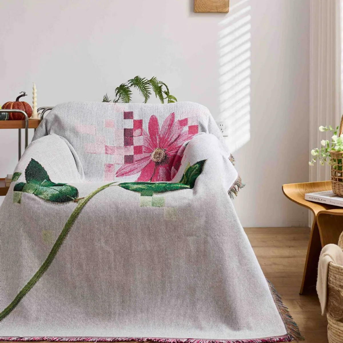 Pixel Art Flower Blanket Retro Floral Jacquard Woven Tapestry Throw Boho Chic Sofa Cover Tassels Modern Botanical Bedspread