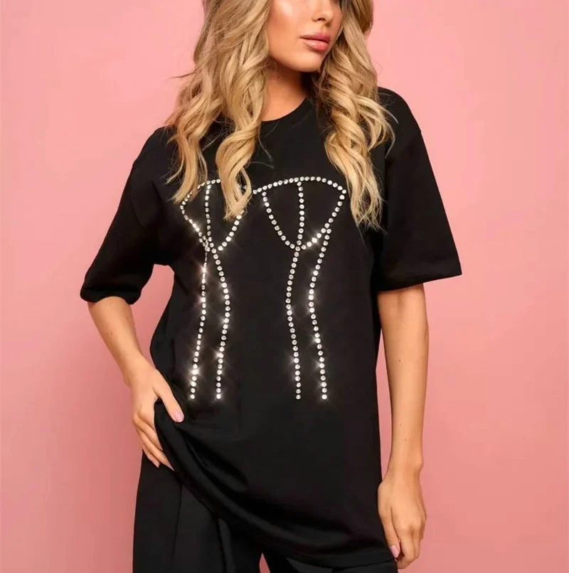 

Rhinestone Loose Cotton T Shirt Woman O Neck Short Sleeve T Shirts Women Casual Short Top Summer Streetwear High Street Wear