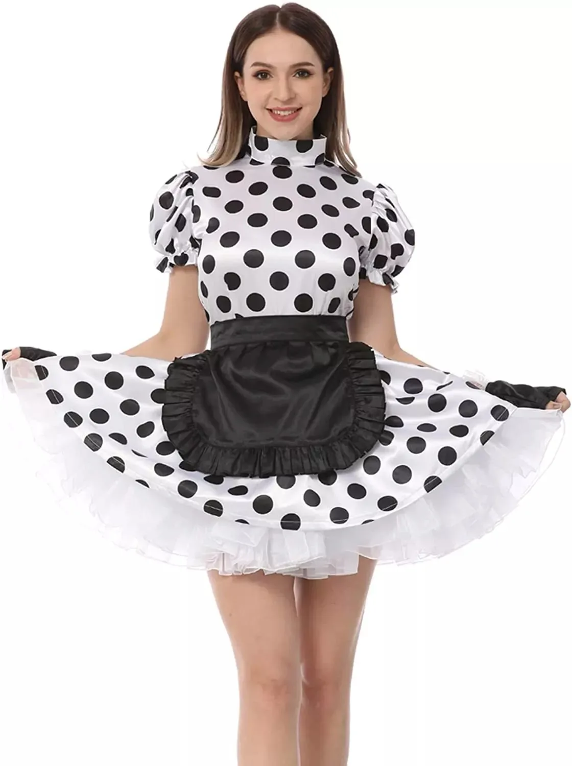 

Sexy sissy French maid black and white spotted satin lockable lace ruffled dress maid cosplay costume customizable