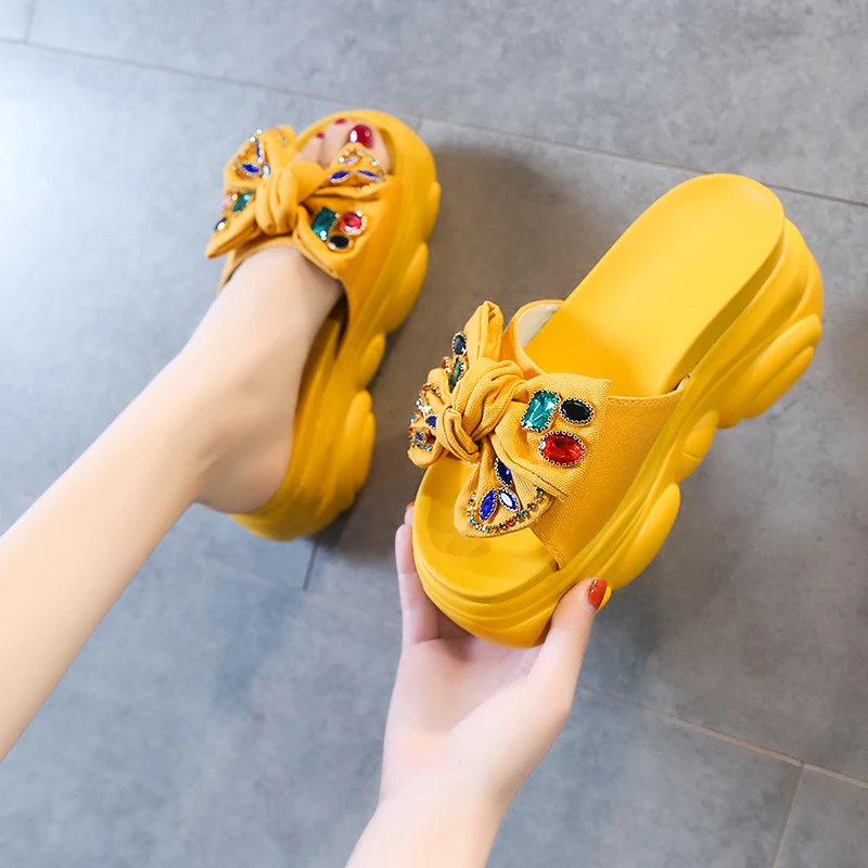 Increased Internal Flat Shoes Female House Slippers Platform Slipers Women On A Wedge Heeled Mules Slides Butterfly-Knot 2023 Hi