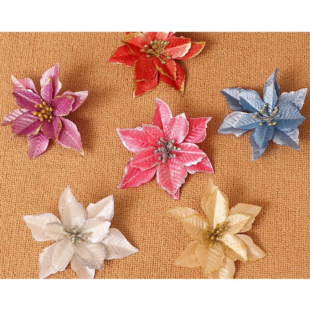 

5 Pcs Christmas Flowers Artificial Decorations for Tree Door Wall Wreath Golden Small Ornaments Plastic Cloth Safe Gifts