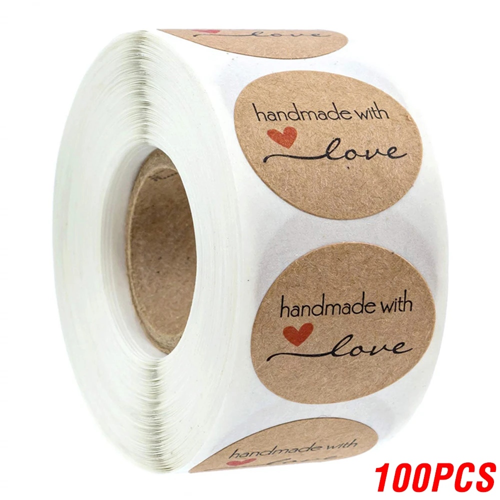 100-500 Stuks 1Inch Vintage Kraftpapier Handgemaakt Met Liefde Stickers Voor Pakket Dank U Briefpapier Zelfklevende Etiketten bakken Seals