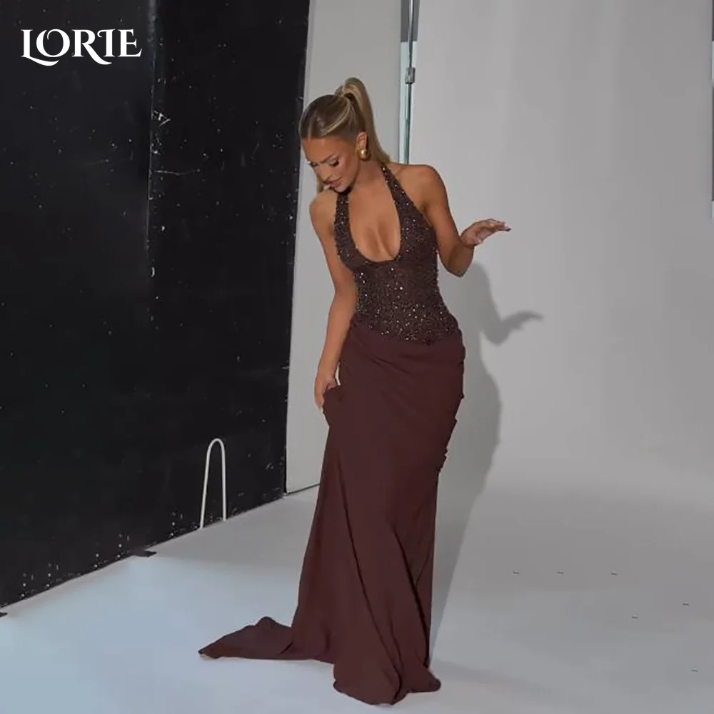 

LORIE Halter Saudi Mermaid Party Dress Deep V Neck Sequins Shiny Evening Dress Prom Gown Illusion Party Gown Club Customized