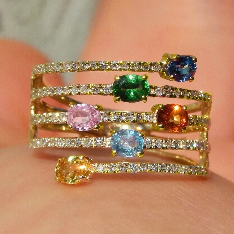 Huitan Trendy Multi-Lagen Bunte CZ Ringe für Frauen Luxus Hochzeit Band Zubehör Cocktail Party Statement Schmuck