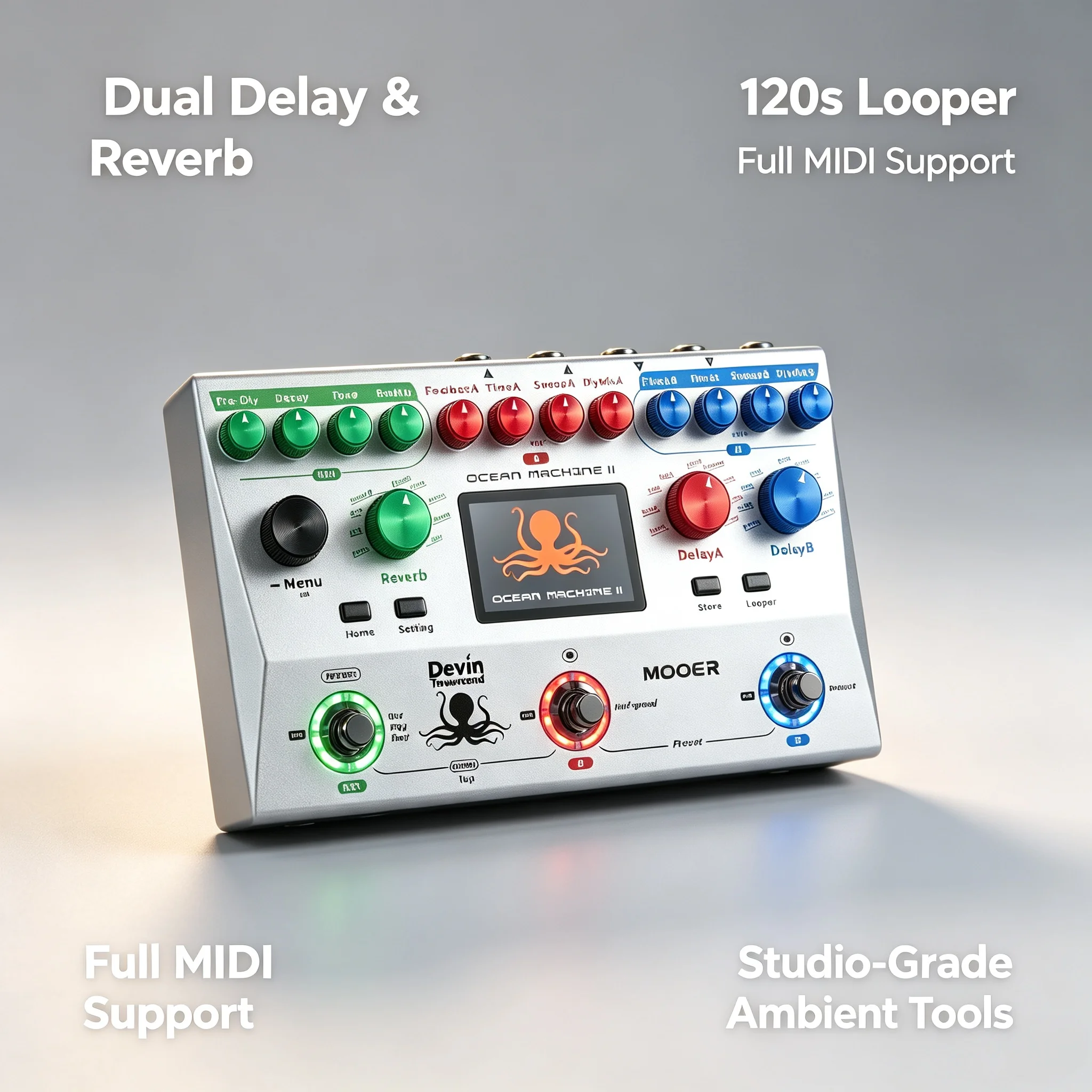 Mooer Ocean Machine Ii Devil Townsend Signature Stereo Delay Reverb Looper Pedal, Midi Control Supported, 120 Seconds Looper, 24 Presets, Free Effects Routing, Effects Processor for Guitar Bass Keyboard Synthesizer Ambient Sounds
