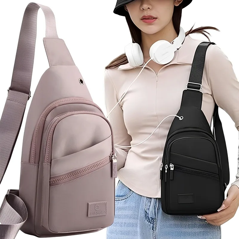 Bolso cruzado de nailon para hombre y mujer, mochila ligera para el pecho con orificio para auriculares, bolsa de hombro deportiva informal con múltiples bolsillos para uso diario