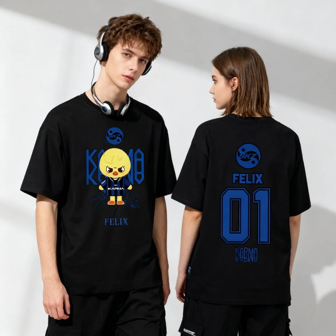 

New Hot Selling KPOP KARMA HYUNJIN Cartoon Print Oversized Casual Cute Fashion T-shirt Korean Fashion Fan T-shirt Harajuku Top