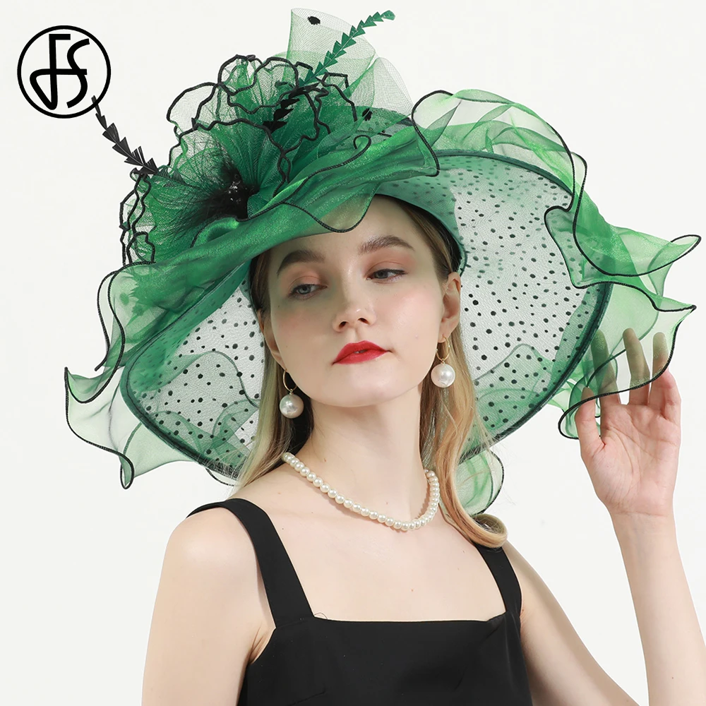 FS Green Kentucky Derby Hat Women Organza Polka Dot Visor Cap Feather Flower Wedding Church Cocktail Tea Party Sombrero 2024