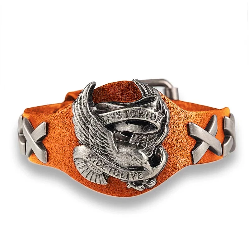 Herren Echtleder-Armband Punk Biker Adler Zinklegierung Armband Vintage Handgefertigt Verstellbare Schnalle Männlicher Motorrad-Schmuck – Detail 9