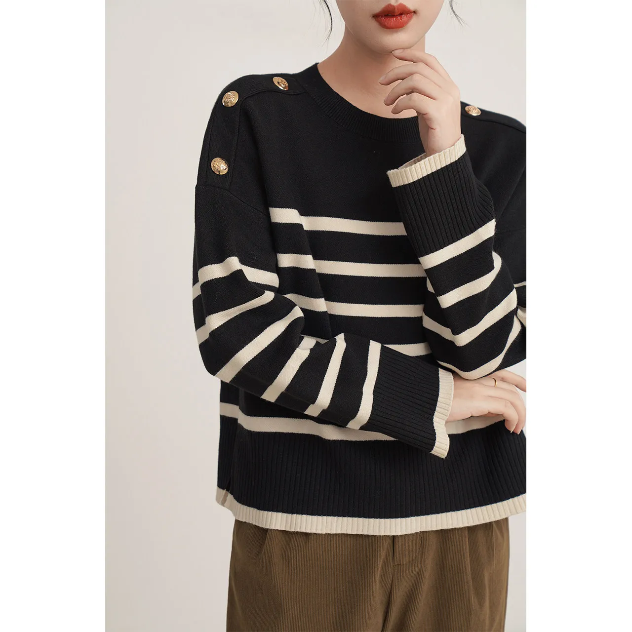 Striped cashmere sweater new design sense niche button casual shirt loose sweater
