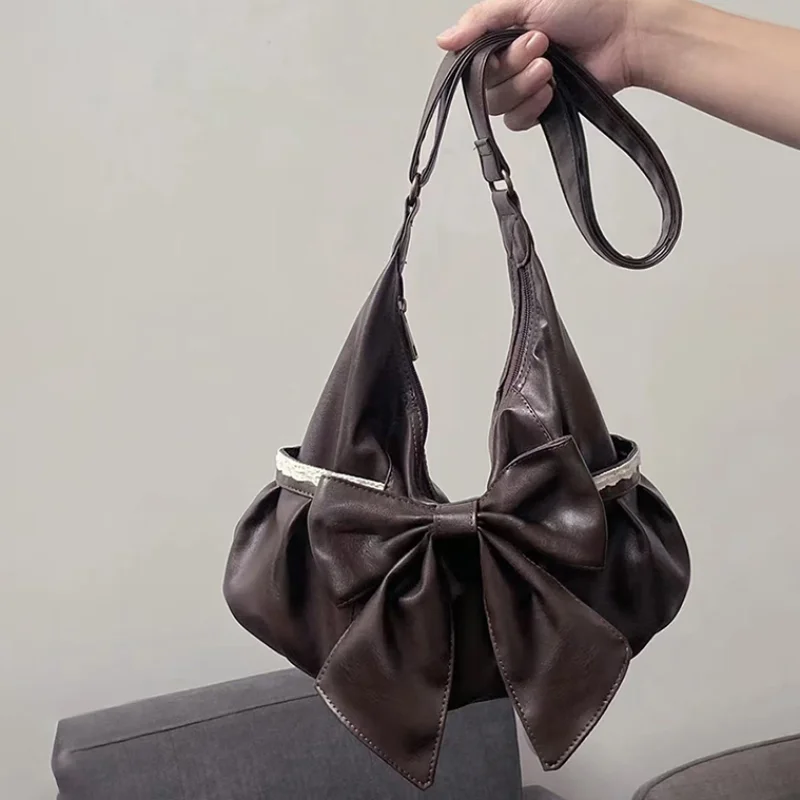 

Large Bow Women's Crossbody Bag Stylish Lace-trimmed Vintage Brown Handbag Large Capacity Student Shoulder Bag With Side Pockets