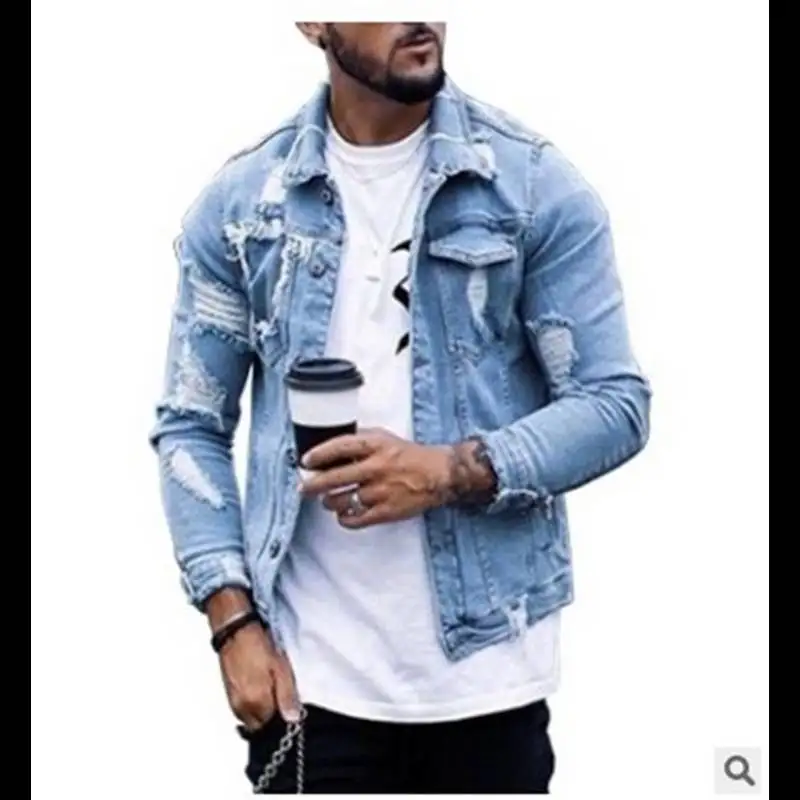 Japanese Style Spring and Autumn Stand-collar Denim Jacket for Men, Fashionable and All-match, with Ripped and Washed Design.