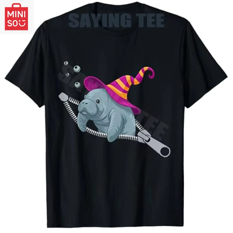 

Manatee Emerging From A Zipper Manatee Halloween Women T-Shirt Fashion Witch Hat Animals Costume Novelty Gift Y2k Graphic Tees