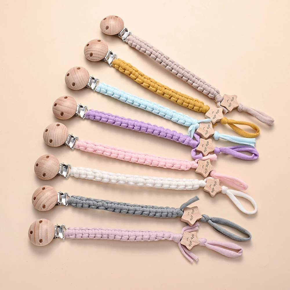 BPA Free not Personalized Baby Pacifier Clips Beech Wood Printed With Stars Anti-Lost Pacifier Chain for Dummy Nipple Holder