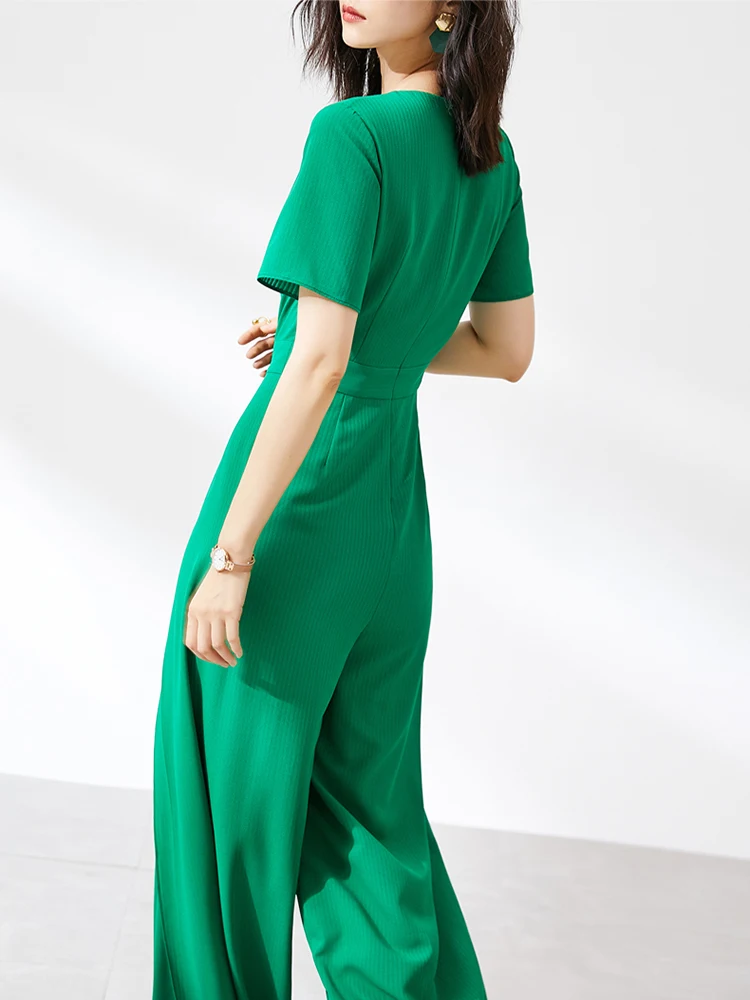 Quality Elegant Women\'s Long Jumpsuits for Girl Casual Fashion Wide Leg Pants Short Sleeves Green Vintage Ladis Party Rompers