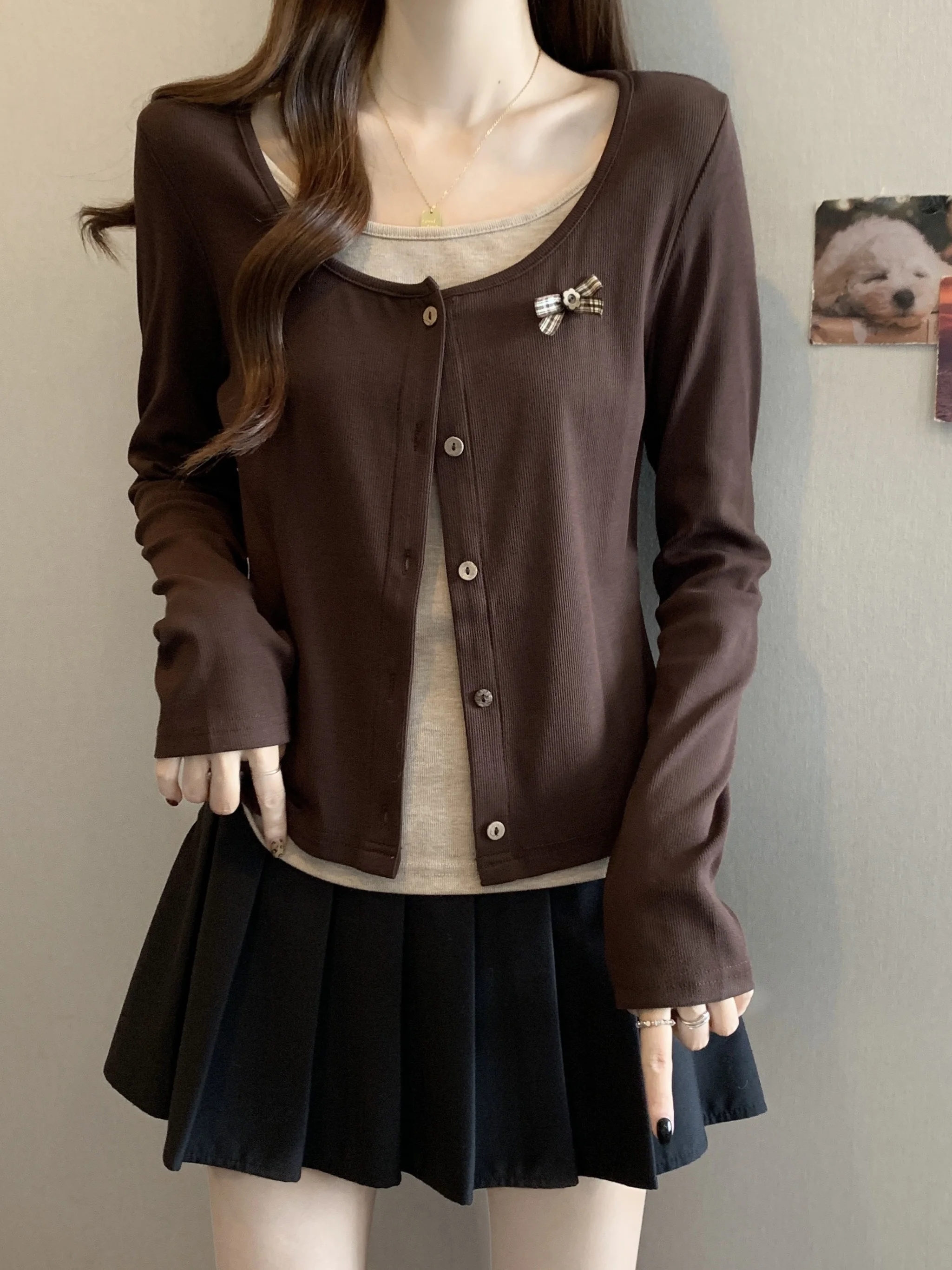 

plus Size Women's T-Shirt Cover Belly Fake Two-Piece Shoulder-Length Sleeve Long Women's Top Spring Autumn plus Size Color Bl...