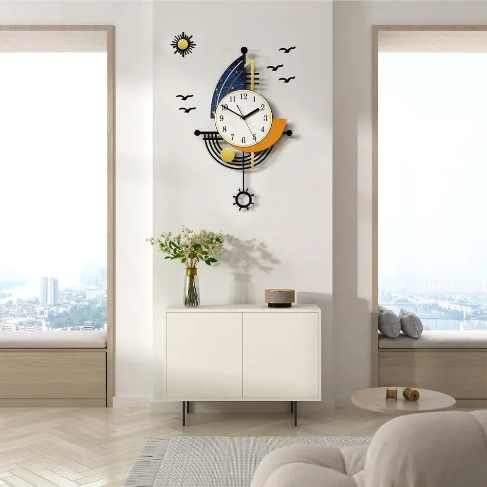 Modern Wall Clock Battery Powered, Boat Design Pendulum Clock, For Living Room 3D Silent Clock Wall Decoration Sticker