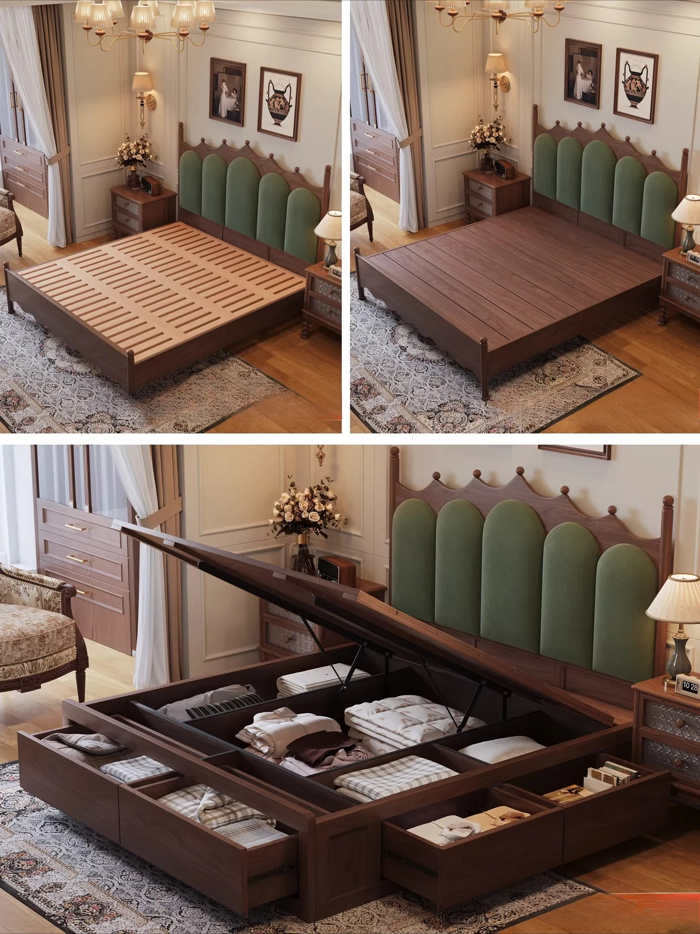 Walnut 1.8 double bed frame, master bedroom with drawer storage space, storage air pressure box soft bag bed