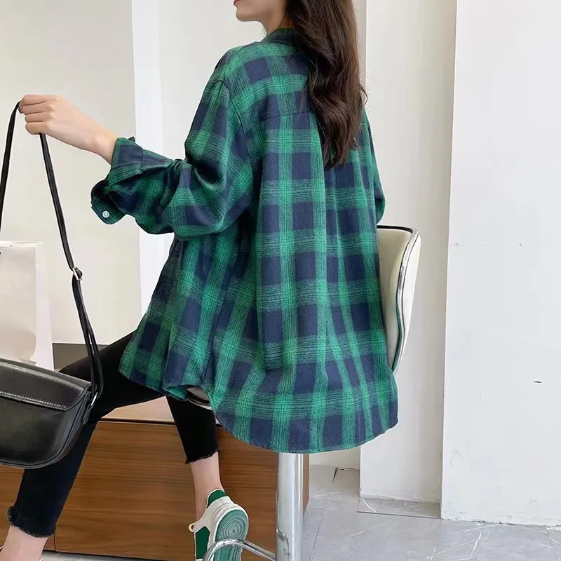 Girl Preppy Style Blouse Woman Long Sleeve Oversize Loose Plaid Shirt Tops Casual