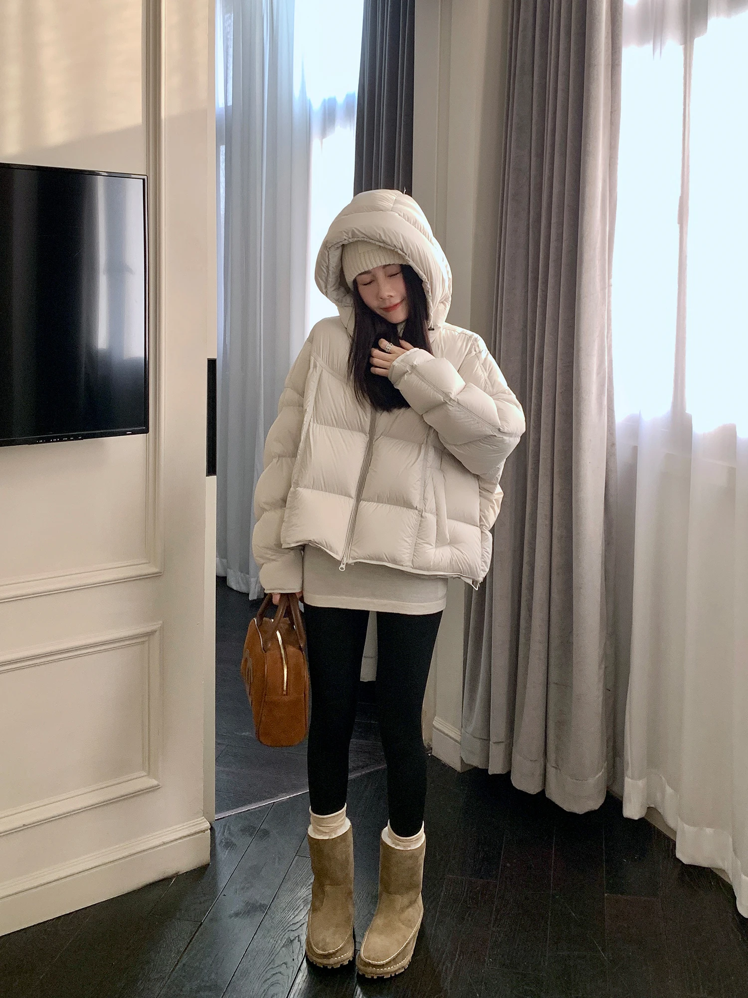 

95% White Du down Puff Coat ort Hooded Bread Sle Warm Winter Jaet Slimming Top RUCOO Commute Sle Non-Removable Hat