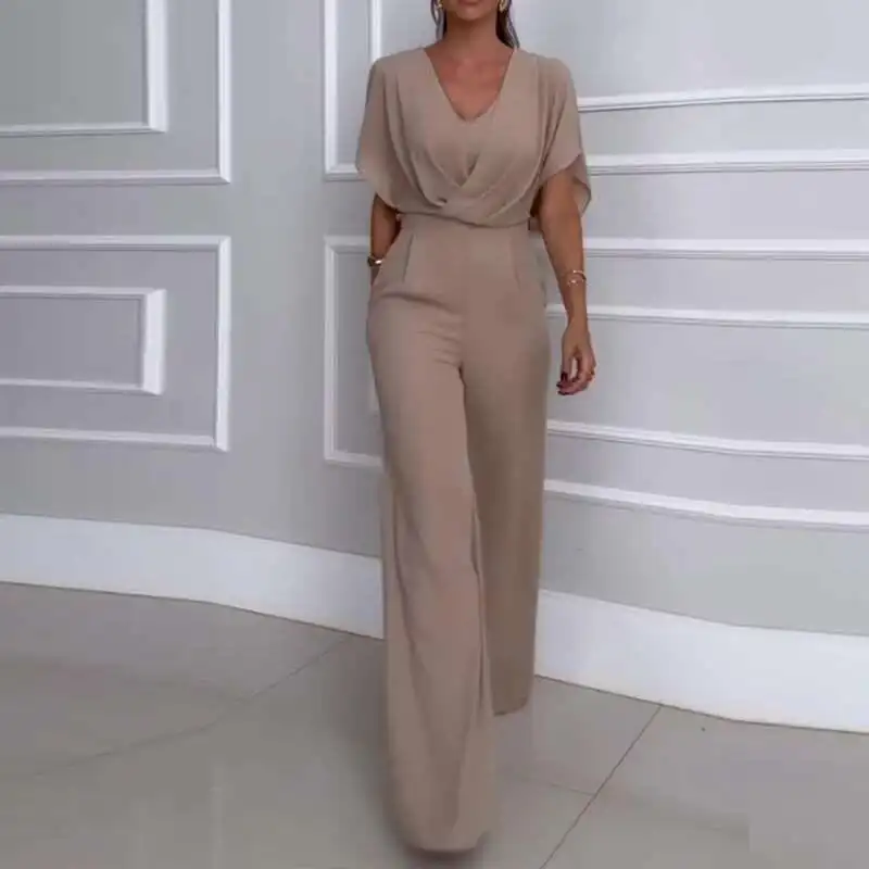 الصيف الشارع فضفاض واسعة الساق Playsuit سيدة الخامس الرقبة قصيرة الأكمام عالية الخصر بذلة مكتب أنيقة الصلبة جيب مستقيم رومبير