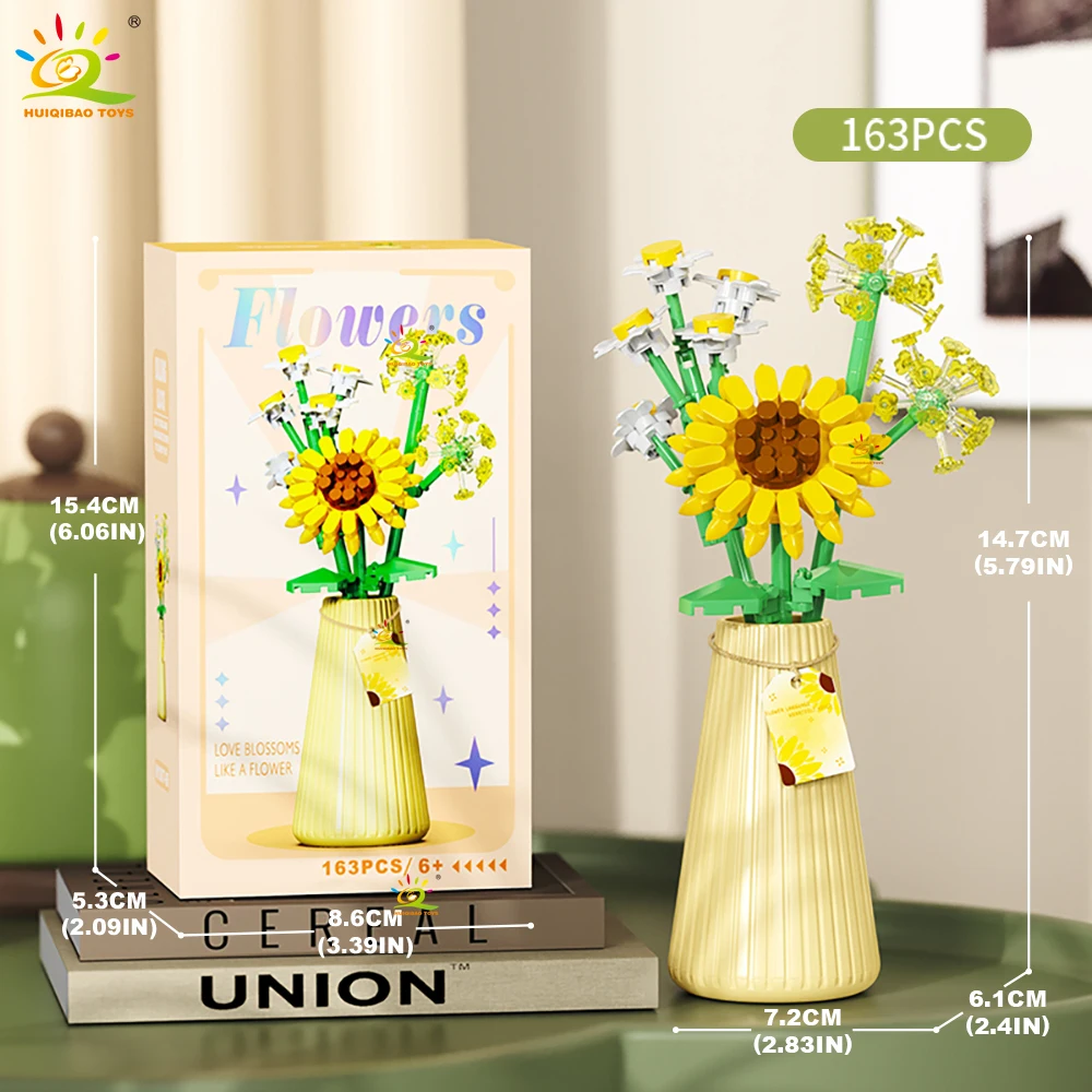 HUIQIBAO MOC Eeuwig Bloemboeket met pot Micro Bouwsteen Zonnebloem Rose Mini Model Baksteen Speelgoed thuis Bureau Decoratie