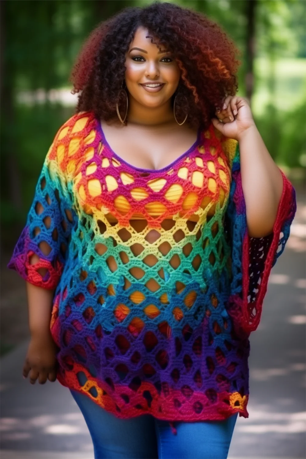 Plus Size Beach Casual Multicolor Colorblock Spring Summer Round Neck 3/4 Sleeve Crochet Blouses