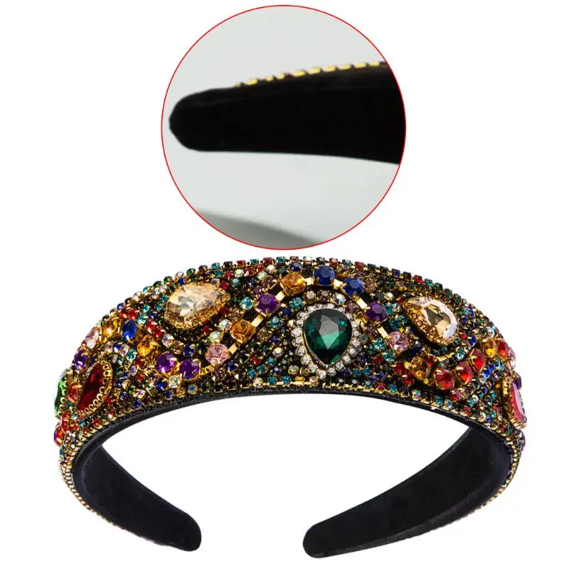 

Baroque Colorful for Rhinestone Bandana Water Drop Faux Crystal Inlaid Wide Hair Hoop Wavy Metal Chain Headband