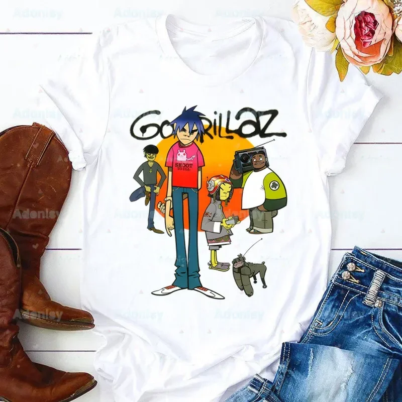 Gorillaz banda de música moderna dibujos animados mujeres Harajuku verano Tops gráfico mujeres Kawaii camiseta ropa chica camiseta, Envío Directo